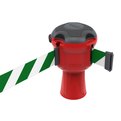 Skipper TM retractable 9 metre tape barrier system orange caution danger red green white blue yellow black reflective high visibility queue management traffic cone crowd flow control events safety belt roadworks guardrail security roadside restraint 