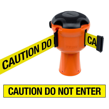 Skipper TM retractable 9 metre tape barrier system orange caution danger red green white blue yellow black reflective high visibility queue management traffic cone crowd flow control events safety belt roadworks guardrail security roadside restraint 