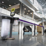 Skipper-TM-Q-retractable-barrier-queue-management-safety-barriers-airport-events-belt-tape-indoor-outdoor-post-base-purple-customisable-hospital-crowd-control-warehouse-banks-hotels-resteraunts-retraction-recycled-recyclable-a4-sign-holder-caution-warning-informative