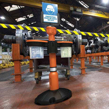 Skipper-TM-safety-equipment-dispenser-PPE-personal-protective-equipment-safety-gear-supply-dispensing-bucket-ear-plugs-glasses-nair-nets-shoe-covers-airports-warehouse-labs-retractable-barrier-scaffolding