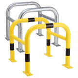 traffic-line-column-protectors-galvanised-steel-hot-dipped-powder-coated-industrial-metal-yellow-black-exposed-pipework-traffic-high-visibility-bolt-down-warehouses-depots-street-posts-trees-factories-public-buildings-durable-impact-resistant