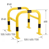 traffic-line-column-protectors-galvanised-steel-hot-dipped-powder-coated-industrial-metal-yellow-black-exposed-pipework-traffic-high-visibility-bolt-down-warehouses-depots-street-posts-trees-factories-public-buildings-durable-impact-resistant