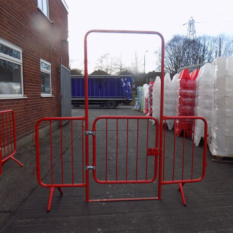 walkthrough-red-metal-pedestrian-barrier-fixed-leg-temporary-crowd-control-galvanised-steel-fence-interlocking-portable-heavy-duty-event-safety-construction-public-spaces-festival-durable-queue-perimeter-security-outdoor-indoor-weather-resistant
