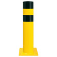 Black Bull XXL heavy duty steel bollard, 273mm diameter, yellow and black bands on a bolt-down base plate