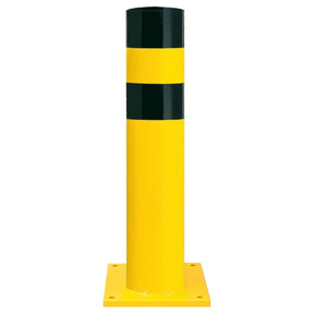 Black Bull XXL heavy duty steel bollard, 273mm diameter, yellow and black bands on a bolt-down base plate