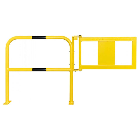 Yellow-black-steel-hoop-guard-indoor-safety-industrial-warehouse-manual-gate-self-closing-gate-protective-factories-protection-high-visibility-heavy-duty-robust-durable-commercial-distribution-depots-surface-fix-powder-coated-warning-hazard-bolt-down