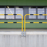 yellow-black-high-visibility-wall-mounted-rails-hoop-guard-heavy-duty-indoor-outdoor-use-industrial-warehouses-depots-factories-safety-commercial-steel-powder-coated-distribution-forklift-damage-pallet-racking-impact-protection-galvanised-powder-coated-steel