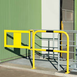 Yellow-black-steel-hoop-guard-indoor-safety-industrial-warehouse-self-closing-gate-protective-factories-protection-high-visibility-heavy-duty-robust-durable-commercial-distribution-depots-surface-fix-powder-coated-warning-hazard-bolt-down