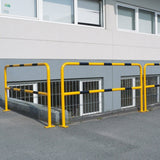 yellow-black-high-visibility-hoop-guard-heavy-duty-indoor-outdoor-use-industrial-warehouses-depots-factories-safety-commercial-steel-powder-coated-distribution-forklift-damage-pallet-racking-impact-protection-galvanised-powder-coated-steel