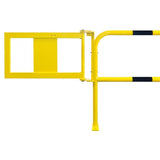 Yellow-black-steel-hoop-guard-indoor-safety-industrial-warehouse-manual-gate-self-closing-gate-protective-factories-protection-high-visibility-heavy-duty-robust-durable-commercial-distribution-depots-surface-fix-powder-coated-warning-hazard-bolt-down