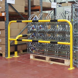 yellow-black-high-visibility-hoop-guard-heavy-duty-indoor-outdoor-use-industrial-warehouses-depots-factories-safety-commercial-steel-powder-coated-distribution-forklift-damage-pallet-racking-impact-protection-galvanised-powder-coated-steel