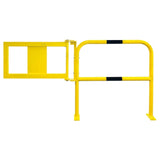 Yellow-black-steel-hoop-guard-indoor-safety-industrial-warehouse-manual-gate-self-closing-gate-protective-factories-protection-high-visibility-heavy-duty-robust-durable-commercial-distribution-depots-surface-fix-powder-coated-warning-hazard-bolt-down