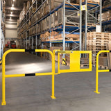 Yellow-black-steel-hoop-guard-indoor-safety-industrial-warehouse-self-closing-gate-protective-factories-protection-high-visibility-heavy-duty-robust-durable-commercial-distribution-depots-surface-fix-powder-coated-warning-hazard-bolt-down