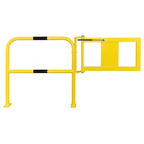 Yellow-black-steel-hoop-guard-indoor-safety-industrial-warehouse-self-closing-gate-protective-factories-protection-high-visibility-heavy-duty-robust-durable-commercial-distribution-depots-surface-fix-powder-coated-warning-hazard-bolt-down