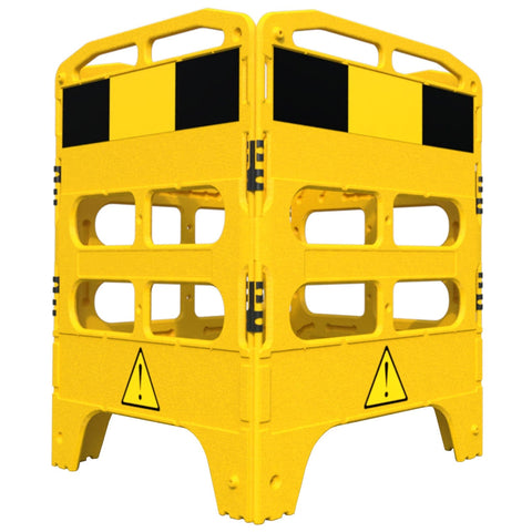 Yellow-buzz-handigard-utility-barrier,-safety-and-construction-work-zone-barrier-caution-tape-and-protective-traffic-hazard-management-man-hole-roadworks-event-pedestrian-individual-panel-hazard-reflective-black-hinge-danger