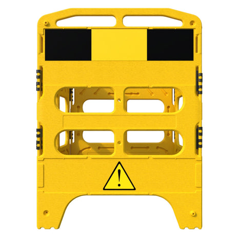 Yellow-buzz-handigard-utility-barrier,-safety-and-construction-work-zone-barrier-caution-tape-and-protective-traffic-hazard-management-man-hole-roadworks-event-pedestrian-individual-panel-hazard-reflective-black-hinge-danger