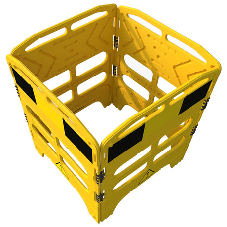 Yellow-buzz-handigard-utility-barrier,-safety-and-construction-work-zone-barrier-caution-tape-and-protective-traffic-hazard-management-man-hole-roadworks-event-pedestrian-individual-panel-hazard-reflective-black-hinge-danger