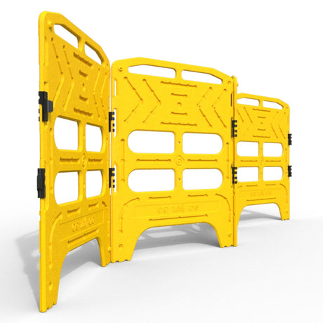 Yellow-buzz-handigard-utility-barrier,-safety-and-construction-work-zone-barrier-caution-tape-and-protective-traffic-hazard-management-man-hole-roadworks-event-pedestrian-individual-panel-hazard-reflective-black-hinge-danger