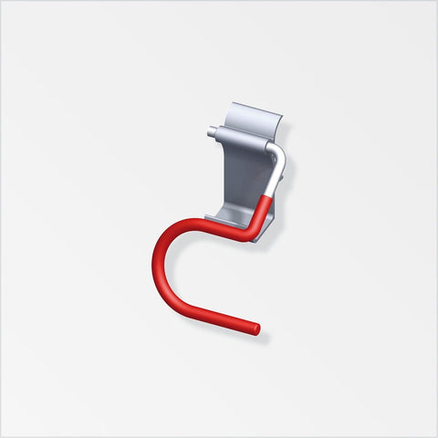 Robust uncoated aluminium hook with red protective rubber covering. Compatible with Coaxis profiles for versatile use. Shields stored items from damage, ensuring durability.