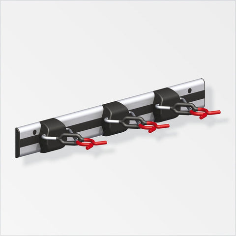 Explore the versatile X-Start system, featuring a rail and three X-Star clamps. With its adjustable design, sturdy construction, and high load capacity, it offers secure organization for various items. The red rubberized hooks ensure safe storage, making it an ideal choice for wall-mounted organization systems.