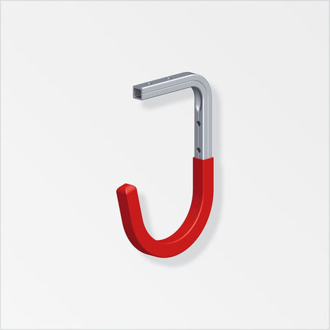 Weather-proof aluminium hook for versatile wall or ceiling attachment. Uncoated aluminium. Suitable for all or ceiling mounting. Red rubberized hook. 35kg max load bearing.