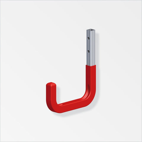 Aluminium single hook with red plastic cap, 2 predrilled holes. Wall mountable. Red rubberized, 30kg load-bearing. Durable, uncoated aluminium construction. Ideal for organization, coats, bags, tools.