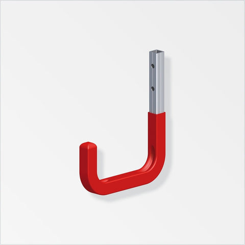 Aluminum single hook with red plastic cap, predrilled holes, and 35kg load capacity. Wall-mounted design for easy installation. Durable uncoated aluminum construction with red rubberized hook for secure hanging. Fixings not included.