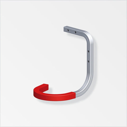 Universal hook with red rubberized design for versatile mounting options. Prevents damage to wheel rims and tires, ideal for storing bulky items like roof boxes and ladders. Supports up to 20kg. Suitable for both wall and ceiling mounting. Durable and flexible solution for various storage needs.