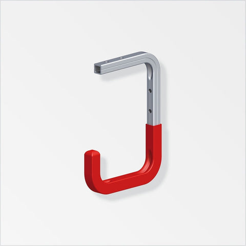 Versatile galvanised steel hooks, usable as wall or ceiling mounts and shelf brackets, featuring a red plastic end cap. Max load 30kg, wall-mounted, with a soft, non-damaging base. Ideal for heavy-duty storage solutions.