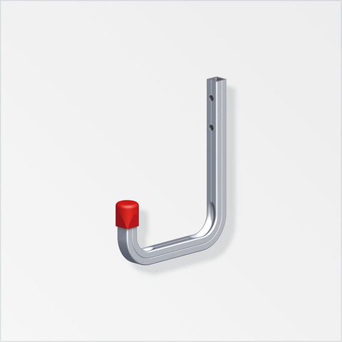 Aluminum single hook with red plastic cap, 2 predrilled fixing holes. Ideal for interior/exterior use, fits any surface. Uncoated aluminum, anti-swivel protection, 30kg max load, 12mm length. Fixings not included. Great for organization.