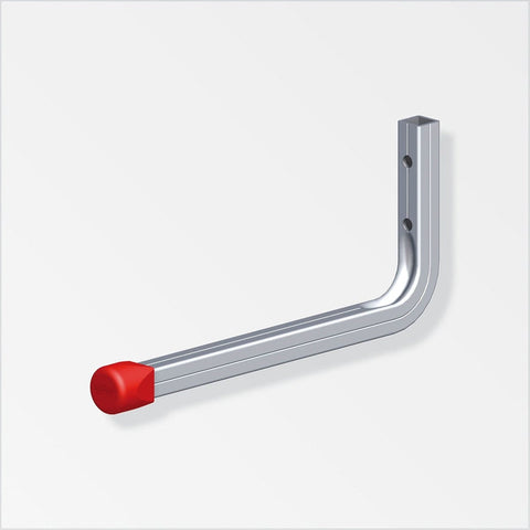 Versatile aluminium single hook with red plastic cap. Two predrilled holes, ideal for indoor and outdoor use. Offers anti-swivel protection and 20kg max load. Length: 12mm. Installation on various surfaces. Fixings not included. Uncoated aluminium.