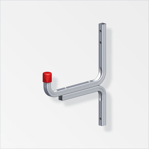 Aluminium single hook, red plastic cap, predrilled holes, anti-swivel, 50kg max load. Versatile for interior/exterior use, fits any surface. Fixings not included. Length: 12mm.