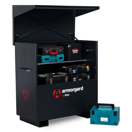 armorgard-oxbox-ox4-site-VAN-truck-chest-box-vault-box-secure-safe-security-lockable-weatherproof-tools-industrial-heavy-duty-gas-strut-robust-tough-steel-bolt-down-5-lever-deadlocks-steel-powder-coated-shelf