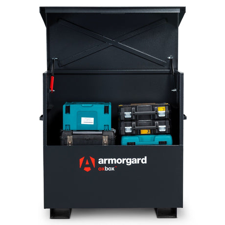 armorgard-oxbox-ox4-site-VAN-truck-chest-box-vault-box-secure-safe-security-lockable-weatherproof-tools-industrial-heavy-duty-gas-strut-robust-tough-steel-bolt-down-5-lever-deadlocks-steel-powder-coated-shelf