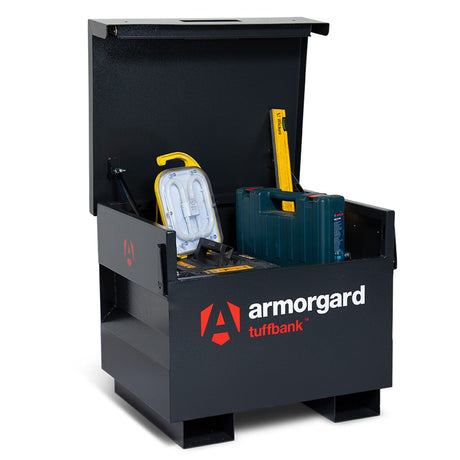 armorgard-tuffbank-tb21-site-VAN-truck-chest-box-vault-box-secure-safe-security-lockable-weatherproof-tools-industrial-heavy-duty-gas-strut-robust-tough-steel-bolt-down-5-lever-deadlocks-steel-powder-coated-shelf