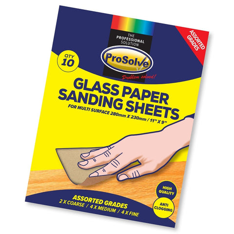 Premium sandpaper sheets with quartz abrasive, ideal for versatile home and industrial use. Resistant to clogging, suitable for wood, metal, plastics, and more. Includes coarse, medium, and fine grits. C weight backing, 230mm x 280mm dimensions, and comes in a pack of 10.