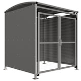 badby-MM1-galvanised-sheet-clad-sided-bike-shelter-mesh-doors-clear-roof-outdoor-bicycle-cycle-secure-steel-commercial-weatherproof-durable-enclosure-schools-university-college-flanged-base-plates-bolt-down-galvanised