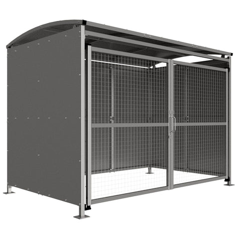 badby-MM1-galvanised-sheet-clad-sided-bike-shelter-mesh-doors-clear-roof-outdoor-bicycle-cycle-secure-steel-commercial-weatherproof-durable-enclosure-schools-university-college-flanged-base-plates-bolt-down-galvanised