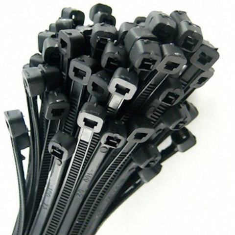 Image of heavy-duty black nylon cable ties, 300mm length, and 7.6mm width, suitable for securing cables, tarps, barrier fencing, and debris netting. Made with durable nylon 66 construction, offering heat resistance for reliable performance in various applications."