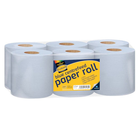 Highly Absorbent 2-Ply Blue Rolls for Commercial and Domestic Kitchens, featuring a Sturdy Construction, Tear-Resistant Centrefeed Design, and Eco-Friendly attributes, perfect for tackling spills and surface cleaning tasks while minimizing environmental impact.