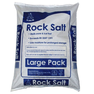 White poly sack of brown rock salt printed Rock Salt Large Pack, melts snow and ice fast, exceeds BS 3247 1991 - front view