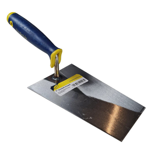 Enhance your masonry work with our sturdy bucket trowel, featuring a comfortable handle and carbon steel blade for solid performance. Lightweight design allows for extended use. Ideal for smoothing mortar on large bricks. Square corners for easy cleaning. Smooth rubber handle for effective grip.