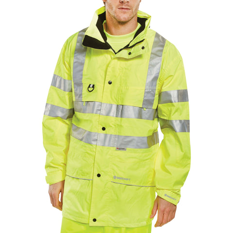 High-Visibility Yellow Jacket | Interactive Breathable Design | Detachable Hood | 100% Polyester with PU Coating | Concealed Hood