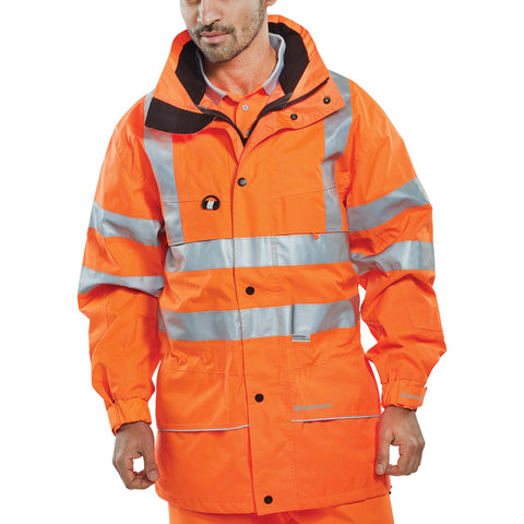 High-Visibility Orange Jacket | Interactive Breathable Design | Detachable Hood | 100% Polyester with PU Coating | Concealed Hood | Mesh Lining