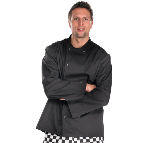 Professional chefs jacket in black with long sleeves, made from 65% polyester and 35% cotton, featuring stud fastening.