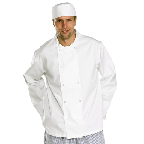 Professional chefs jacket in white with long sleeves, made from 65% polyester and 35% cotton, featuring stud fastening.