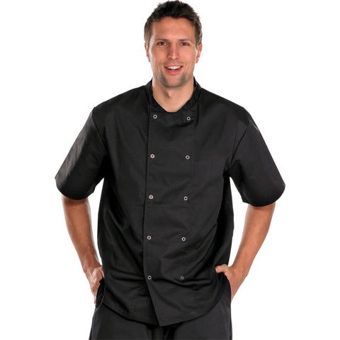 Professional short sleeve chefs jacket in black, crafted from 65% polyester and 35% cotton, featuring stud fastening.