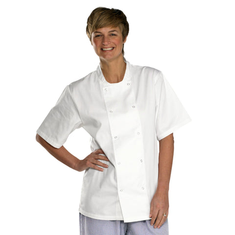 Professional short sleeve chefs jacket in white, crafted from 65% polyester and 35% cotton, featuring stud fastening