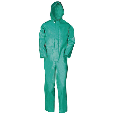 Chemtex Coverall - Green, PVC coated polyester fabric with zip closure and press studs, protects against chemicals, oils, and fats. 