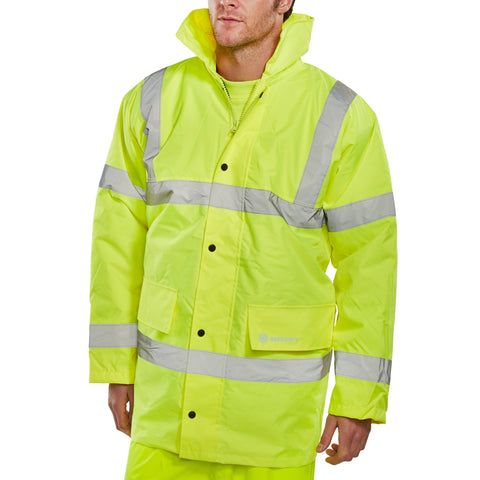 High-Visibility Yellow Traffic Jacket | PU Coated Polyester | Quilted Lining with Heavyweight Polyester Filling | Concealed Hood